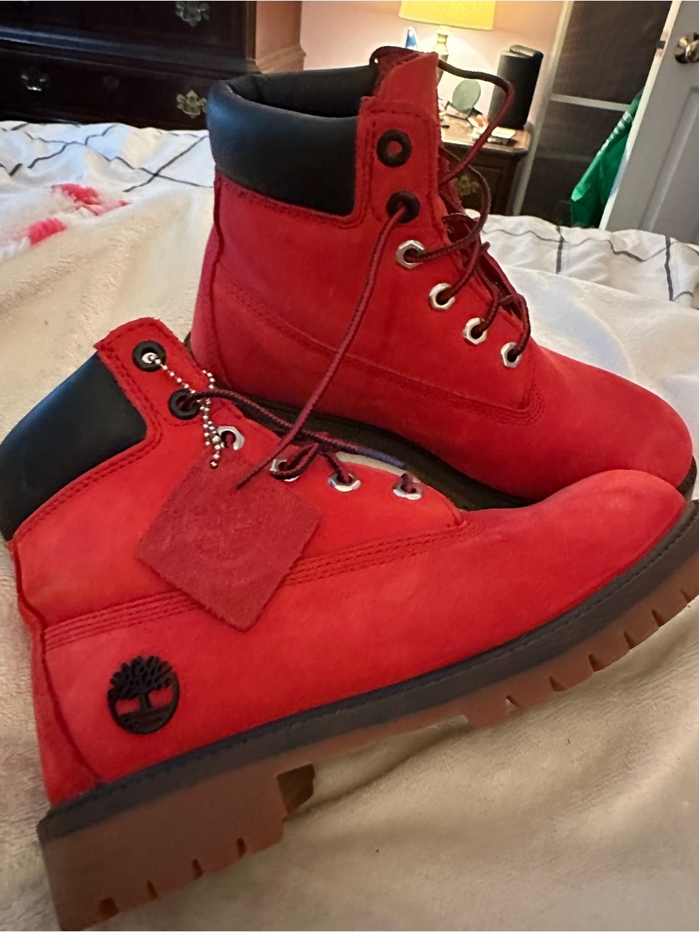 Timberland Kids Red Suede Lace-Up Boots with Black Collar